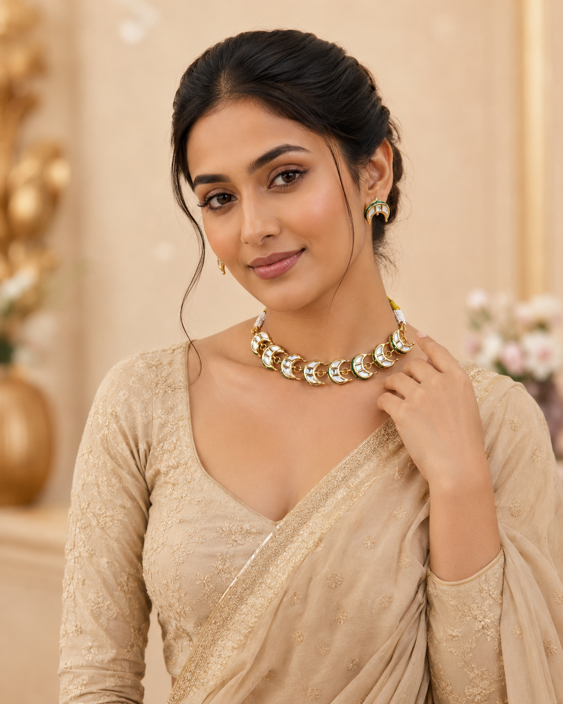 Handcrafted Kundan-Style Choker Necklace Set with Earrings