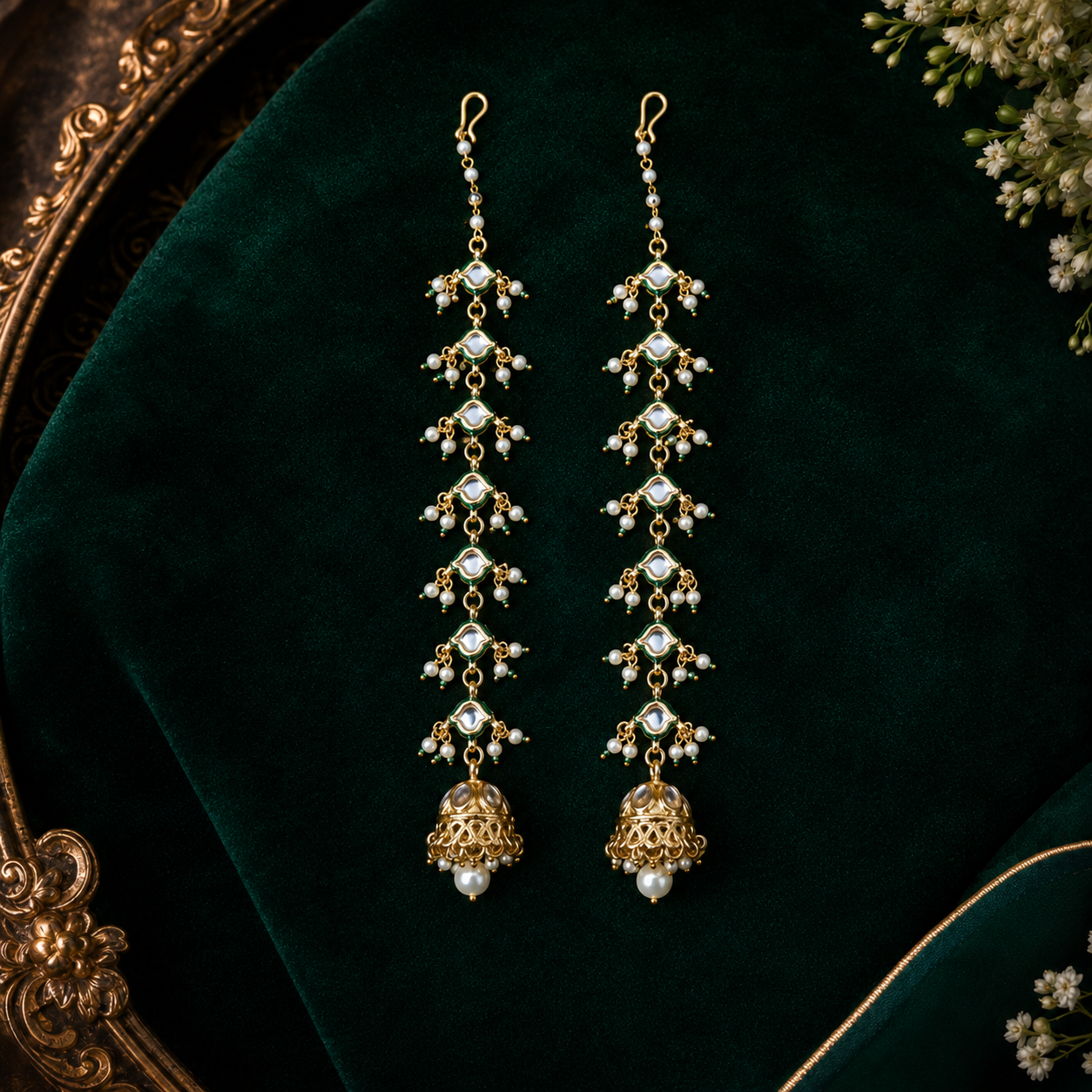 Kashmiri Kundan Pearl Long Dangler Earrings with Ear Chain | Handcrafted Jhumka | Bridal & Festive Jewellery