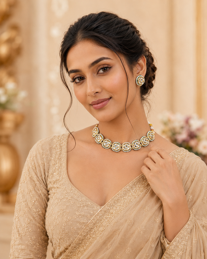 Handcrafted Kundan-Style Choker Necklace Set with Matching Earrings