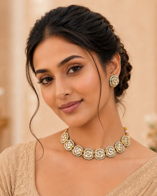 Handcrafted Kundan-Style Choker Necklace Set with Matching Earrings