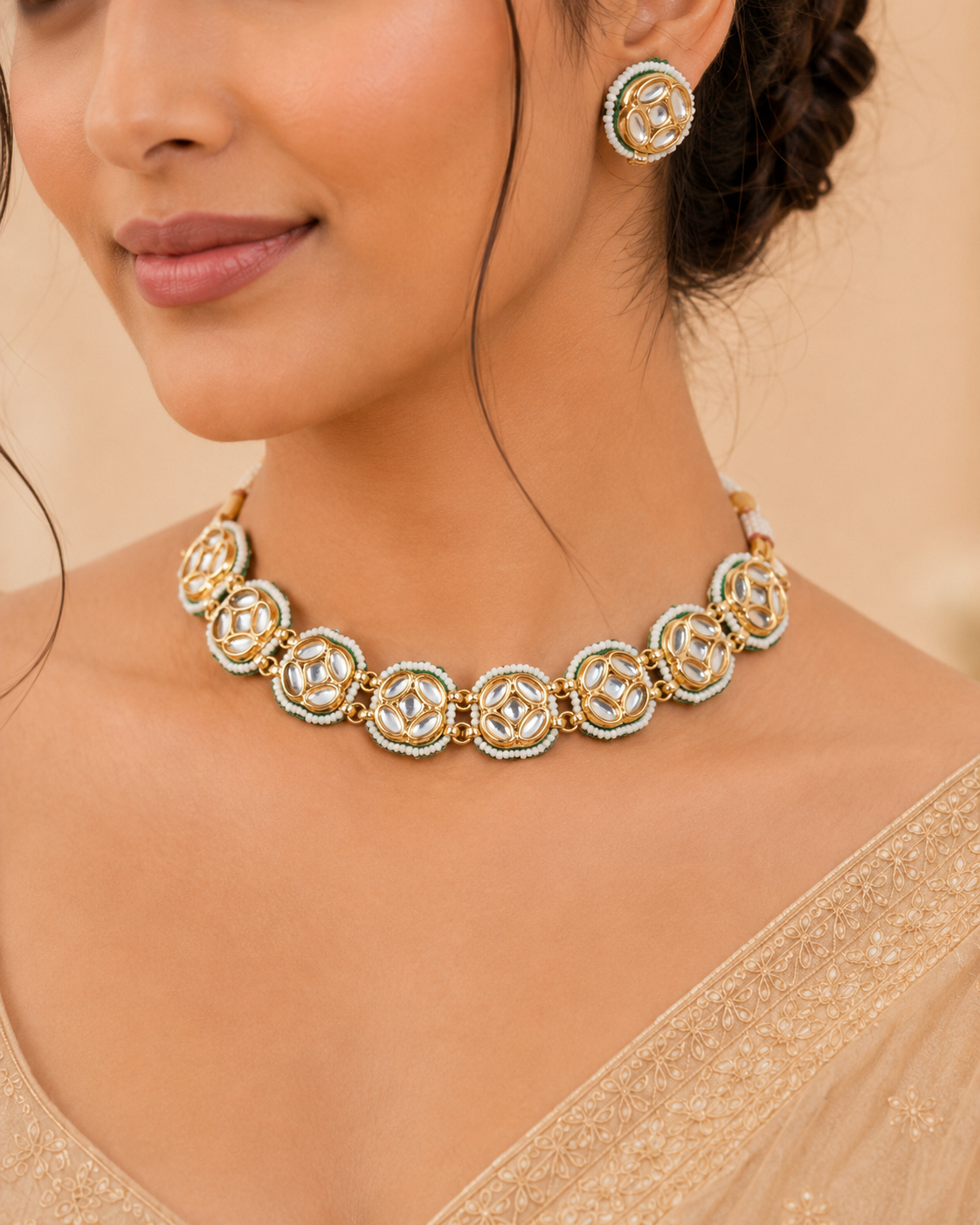 Handcrafted Kundan-Style Choker Necklace Set with Matching Earrings