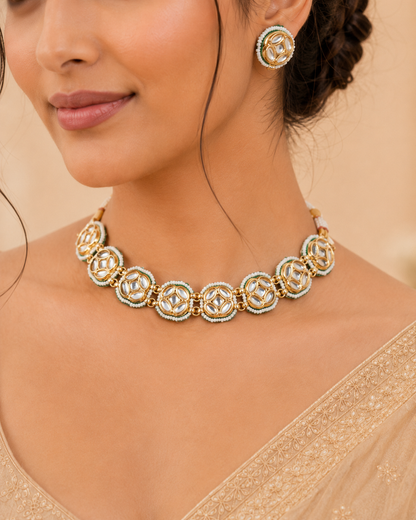 Handcrafted Kundan-Style Choker Necklace Set with Matching Earrings