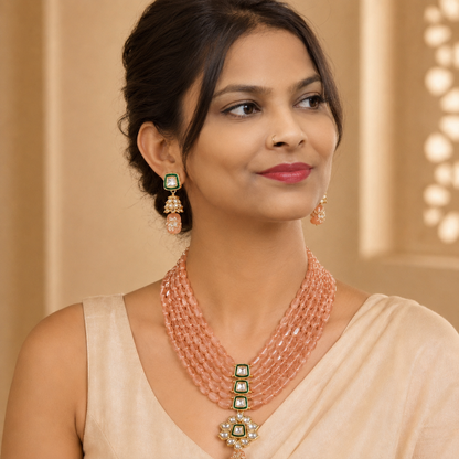 Handcrafted Multi-Layer Beaded Kundan Necklace Set with Earrings