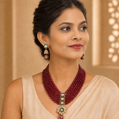 Handcrafted Multi-Layer Beaded Kundan Necklace Set with Earrings