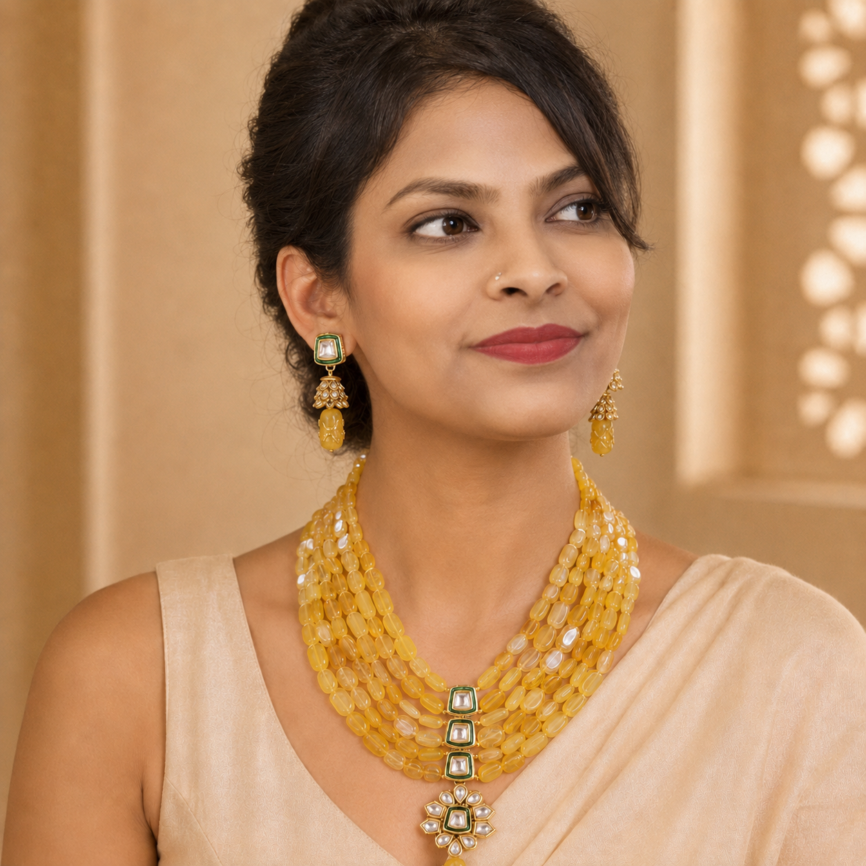 Handcrafted Multi-Layer Beaded Kundan Necklace Set with Earrings