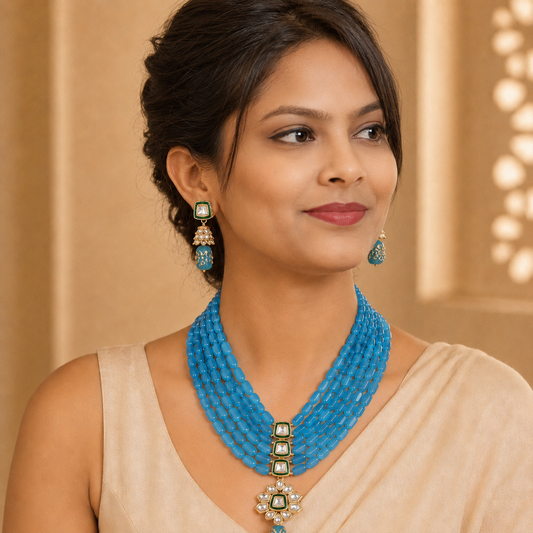 Handcrafted Multi-Layer Beaded Kundan Necklace Set with Earrings