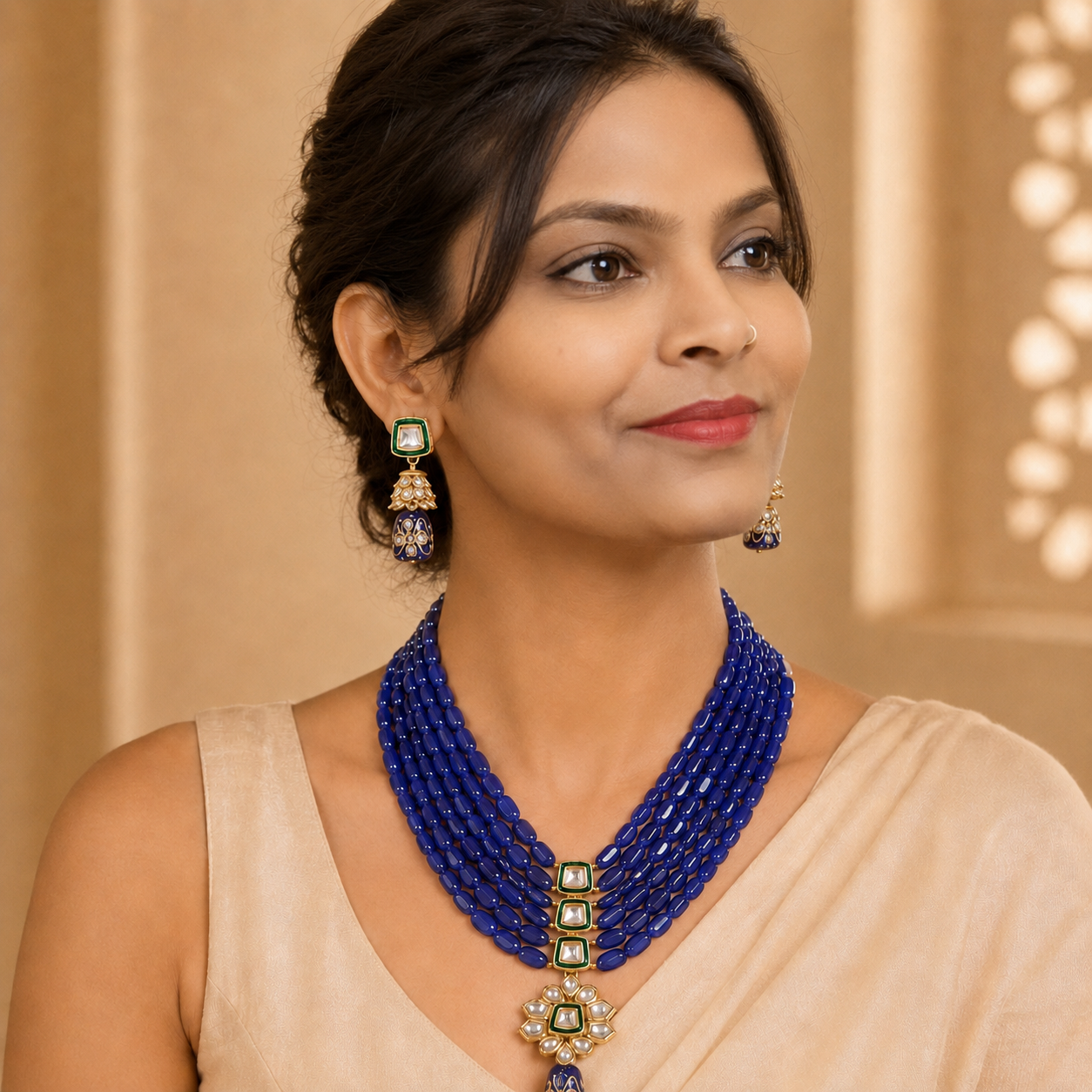 Handcrafted Multi-Layer Beaded Kundan Necklace Set with Earrings