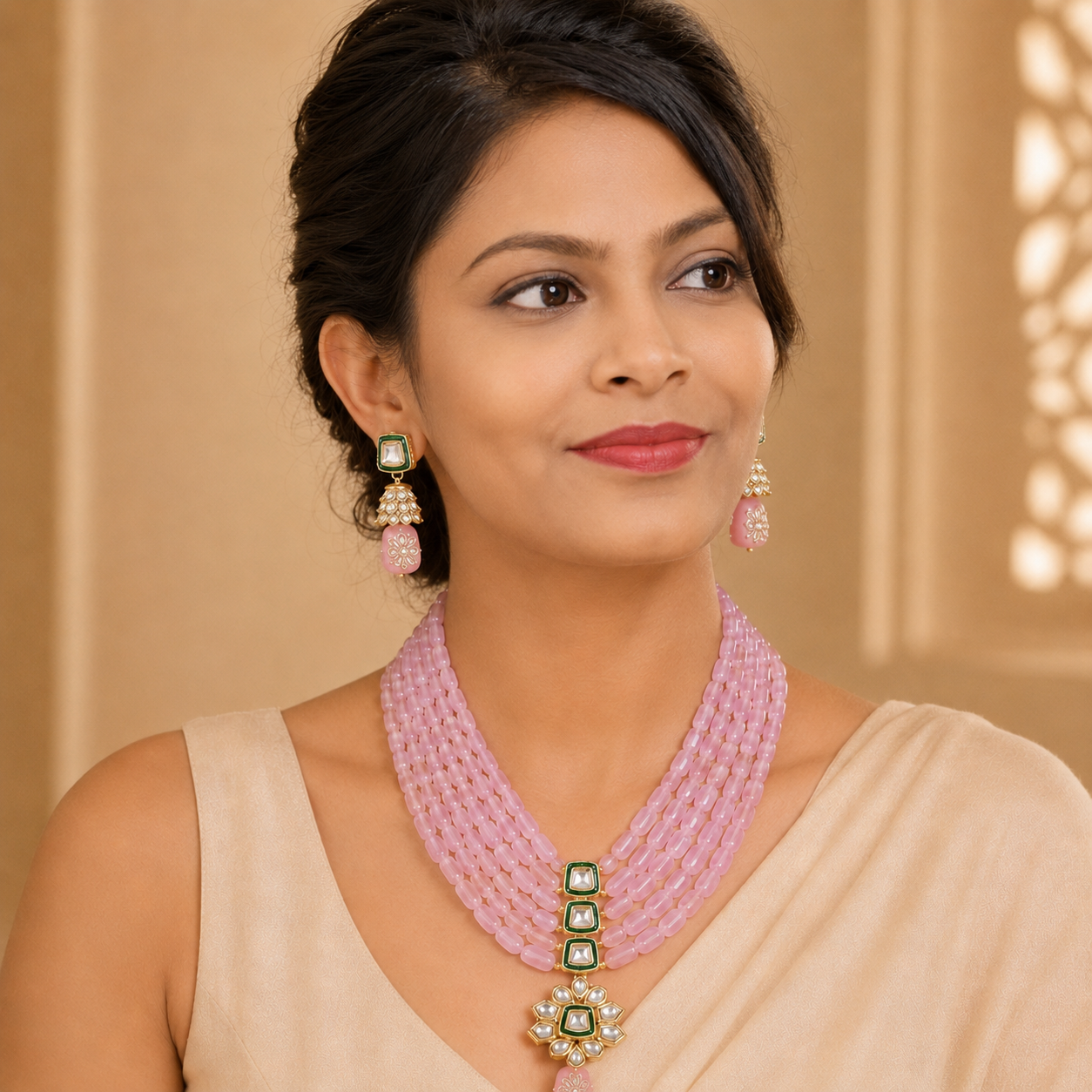 Handcrafted Multi-Layer Beaded Kundan Necklace Set with Earrings