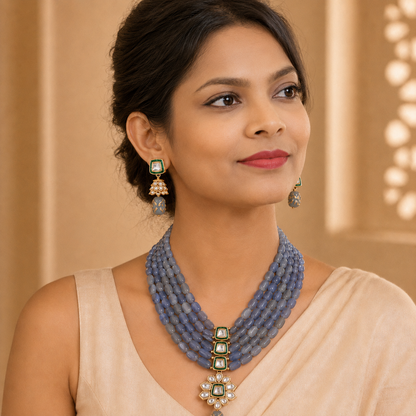 Handcrafted Multi-Layer Beaded Kundan Necklace Set with Earrings