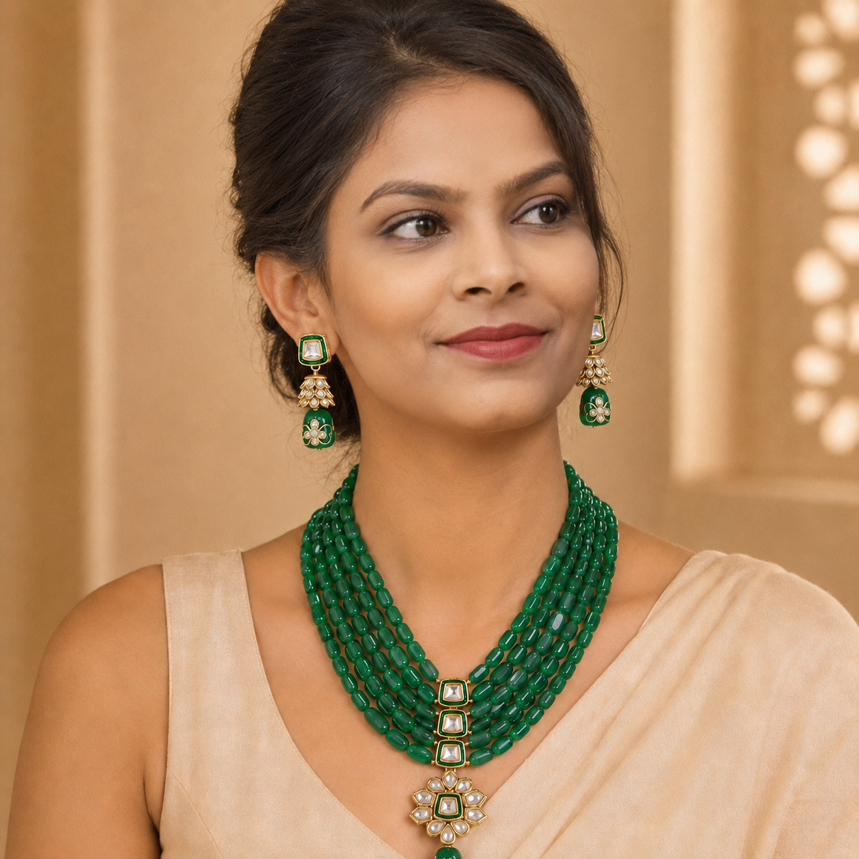 Handcrafted Multi-Layer Beaded Kundan Necklace Set with Earrings