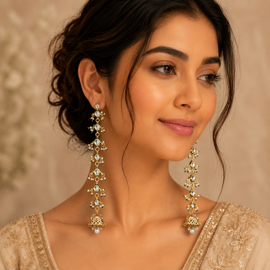 Kashmiri Kundan Pearl Long Dangler Earrings with Ear Chain | Handcrafted Jhumka | Bridal & Festive Jewellery