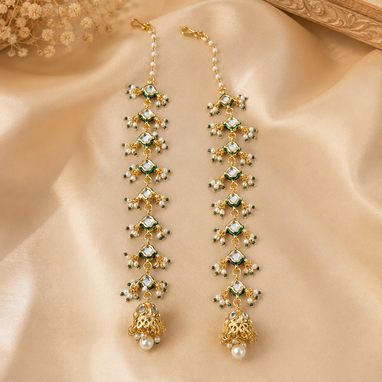 Kashmiri Kundan Pearl Long Dangler Earrings with Ear Chain | Handcrafted Jhumka | Bridal & Festive Jewellery